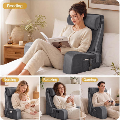 Sasttie 15-25 inch Adjustable Reading Pillow with Armrests, Dark Grey | Back Rest Pillow with Secure Side Straps, Memory Foam Back Support Cushion Bed Chair for Reading, Gaming & Relaxing