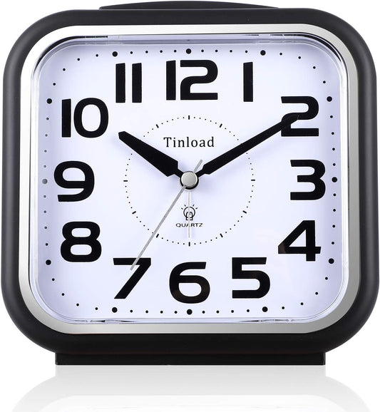 Tinload 5.5" Large Analog Alarm Clock Silent Non Ticking, Gentle Wake, Beep Sounds, Increasing Volume, Battery Operated Snooze and Manual Light, Easy Set, Black (Best for Elder)