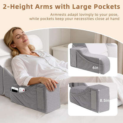 5PCS Reading Pillow for Sitting in Bed Adult, 2 in 1 Foldable Back Wedge Pillow for Sleep, Ergonomic Back Support Pillow with Arms for Watching TV, Gaming, Working, Recovery, 19” White/Grey