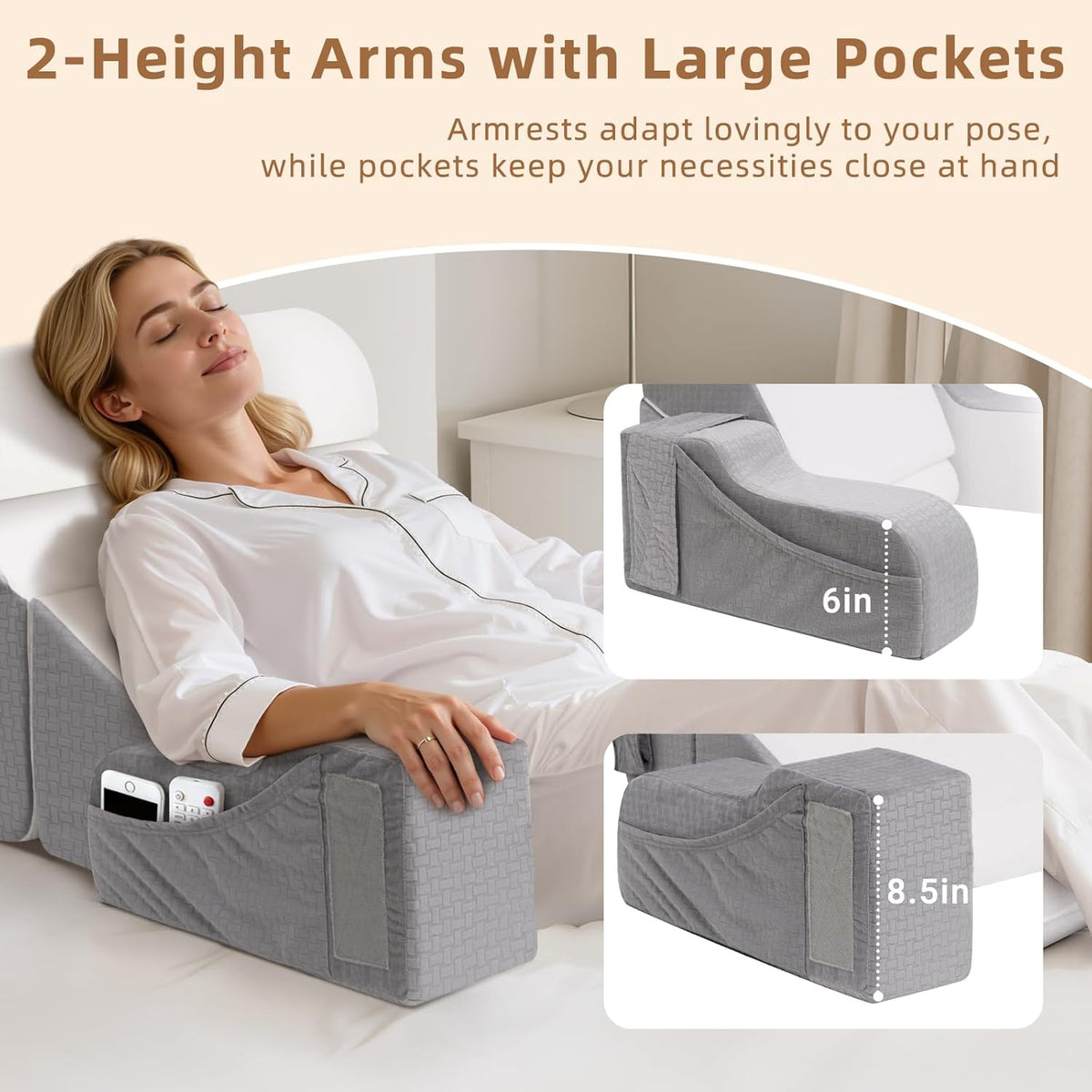 Foldable Reading Pillow for Sitting in Bed Adult, White/Grey, 19"