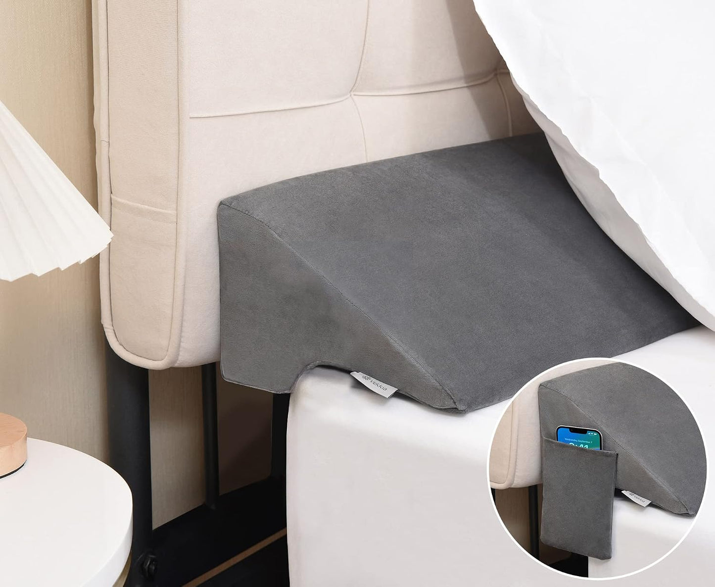 Vekkia King Bed Wedge Pillow for Headboard Gap Filler (0–5.5") | Prevents Pillows & Items from Falling, High-Density Foam Mattress Gap Filler with Pockets, Removable Cover, Gray, 60"x10"x6"