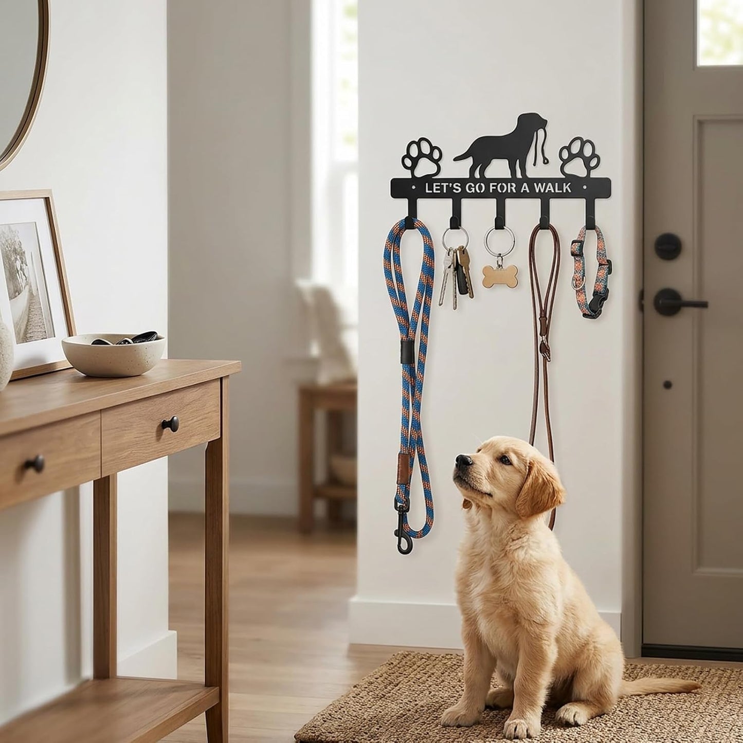 Dog Leash Holder for Wall, 5 Metal Hooks Key Mount | Screw Mounted Rack, Holds Leashes Keys Collars, for Entryway Garage Mudroom