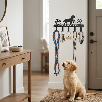 Dog Leash Holder for Wall, 5 Metal Hooks Key Mount | Screw Mounted Rack, Holds Leashes Keys Collars, for Entryway Garage Mudroom