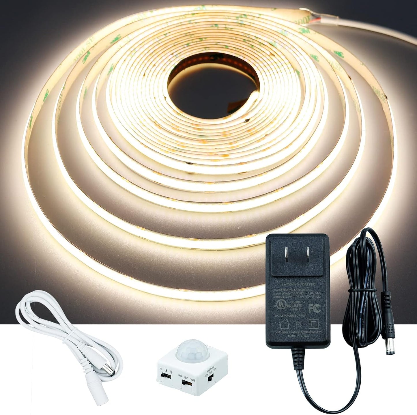 GOMING Motion Sensor COB LED Light Strip 16.4ft(5M) Cool White 6000K | 3 Lighting Modes 3 Timing Off Modes 3 Brightness Modes with Power Adapter for Kitchen Cabinets Stair Showcase Bedroom Bed