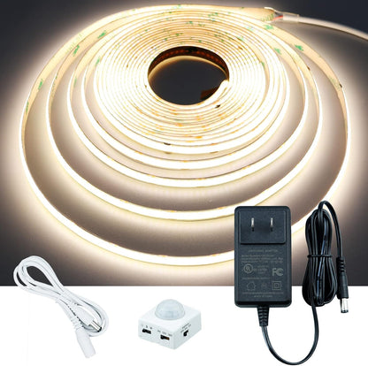 GOMING Motion Sensor COB LED Light Strip 16.4ft(5M) Cool White 6000K | 3 Lighting Modes 3 Timing Off Modes 3 Brightness Modes with Power Adapter for Kitchen Cabinets Stair Showcase Bedroom Bed