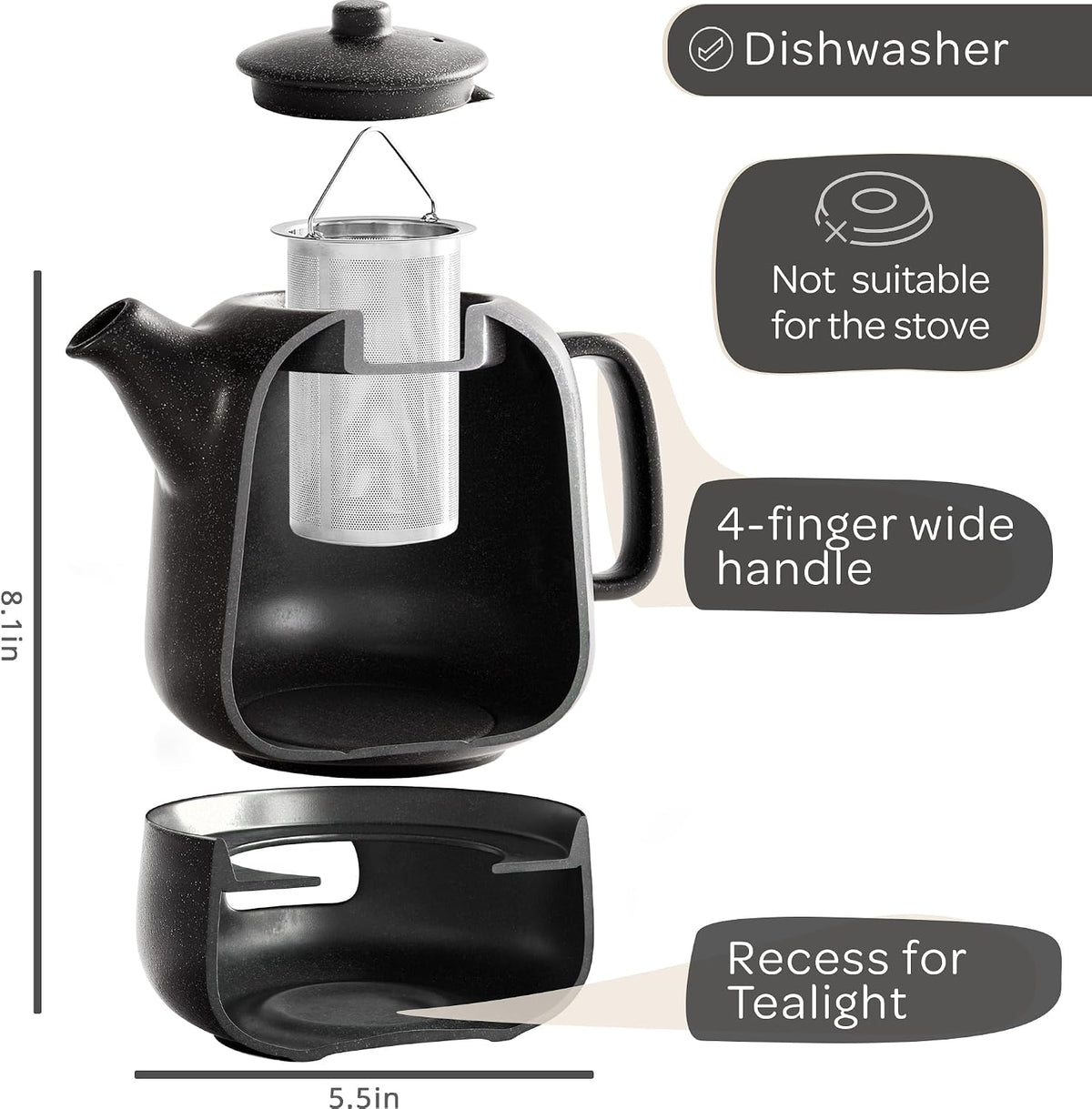 Steinzeit Design Tea Pot (44 oz) - Premium Ceramic Teapot with Infuser for Loose Tea - Black Teapot Ceramic with Removable Strainer