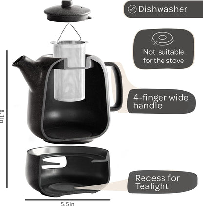 Steinzeit Design Tea Pot (44 oz) - Premium Ceramic Teapot with Infuser for Loose Tea - Black Teapot Ceramic with Removable Strainer