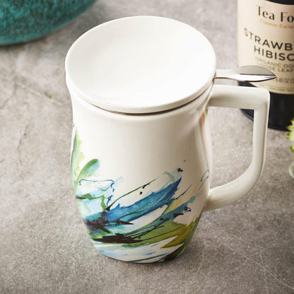 Tea Forte Ceramic Fiore Tea Cup with Infuser, Blue Agave, 14 oz | Insulated Ceramic - Stainless Steel Loose Leaf Infuser - Keeps Tea Hot Longer - Lid Included - Microwave & Dishwasher Safe
