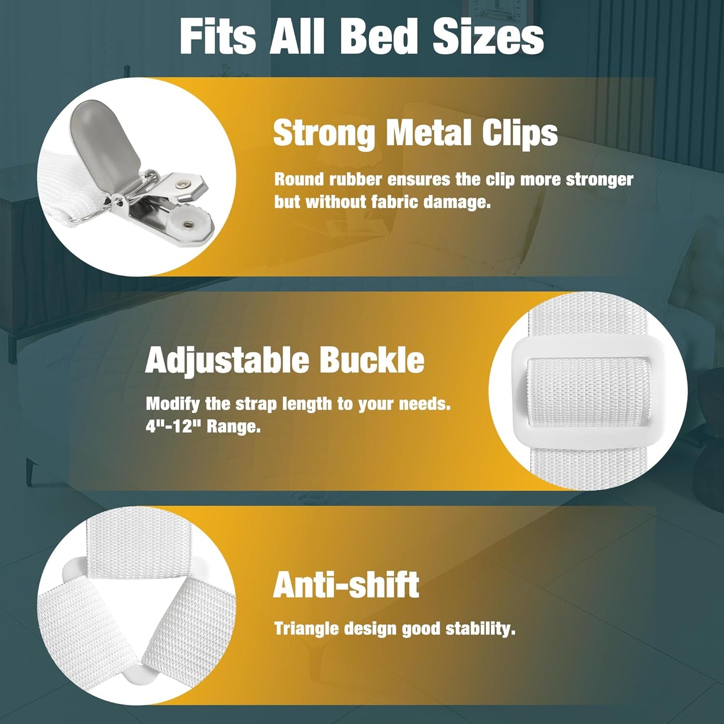 4 Pack Adjustable Elastic Straps with Metal Clips, Bed Sheet Fasteners, Bedding Suspenders for Mattress Covers, Bed Corner Holders and Keepers (White)