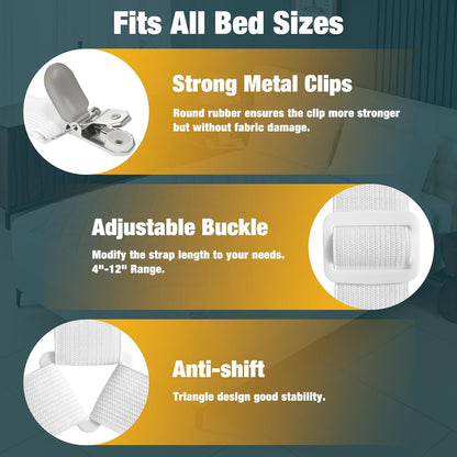 4 Pack Adjustable Elastic Straps with Metal Clips, Bed Sheet Fasteners, Bedding Suspenders for Mattress Covers, Bed Corner Holders and Keepers (White)