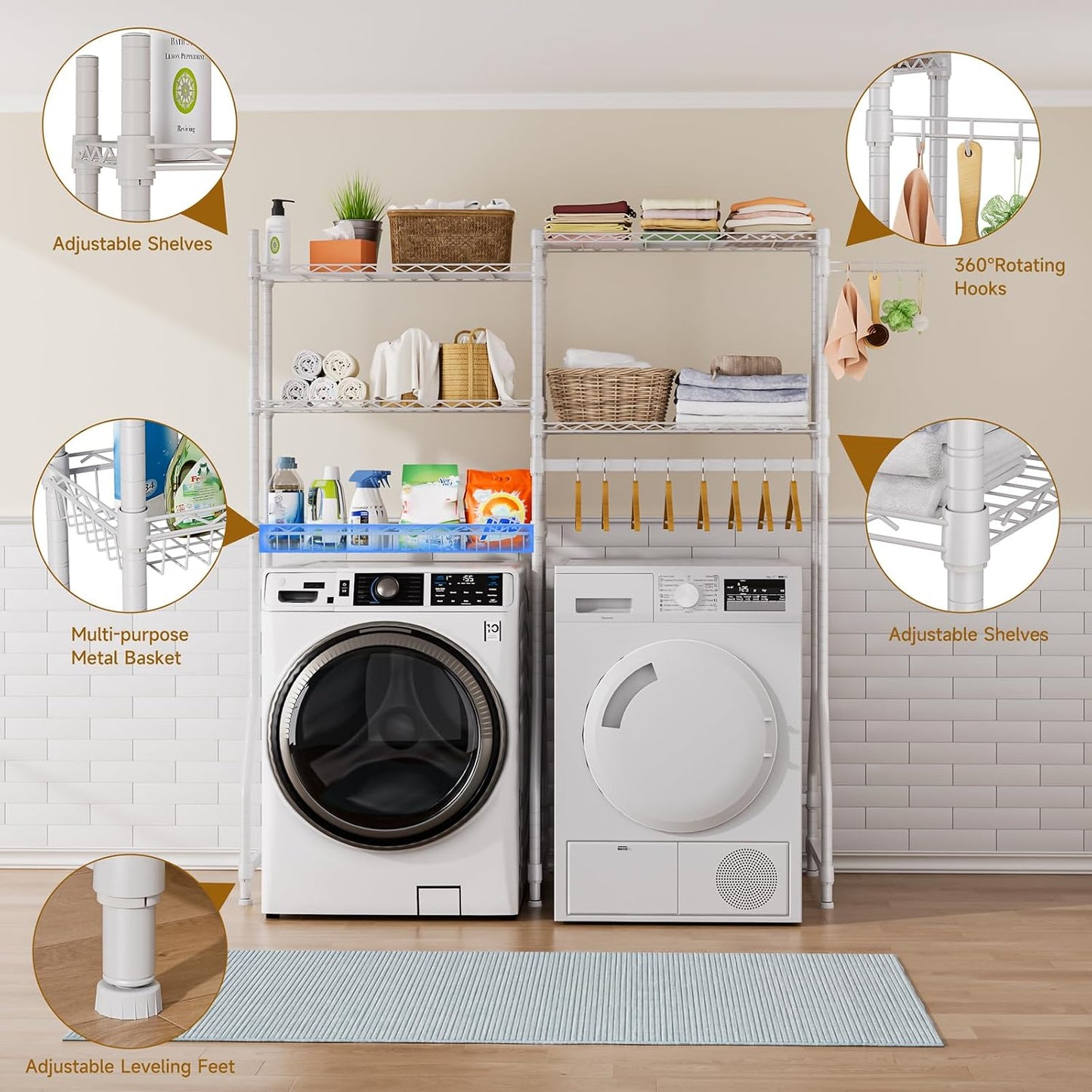 Golpart Laundry Organizer Shelves Over the Washer and Dryer Storage Shelf | Heavy Duty Laundry Room Organization Clothes Drying Rack Adjustable Height Wire Shelving and Wire Basket with Hanger Rod
