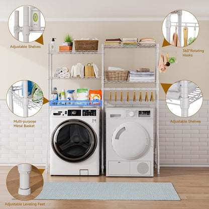 Golpart Laundry Organizer Shelves Over the Washer and Dryer Storage Shelf | Heavy Duty Laundry Room Organization Clothes Drying Rack Adjustable Height Wire Shelving and Wire Basket with Hanger Rod