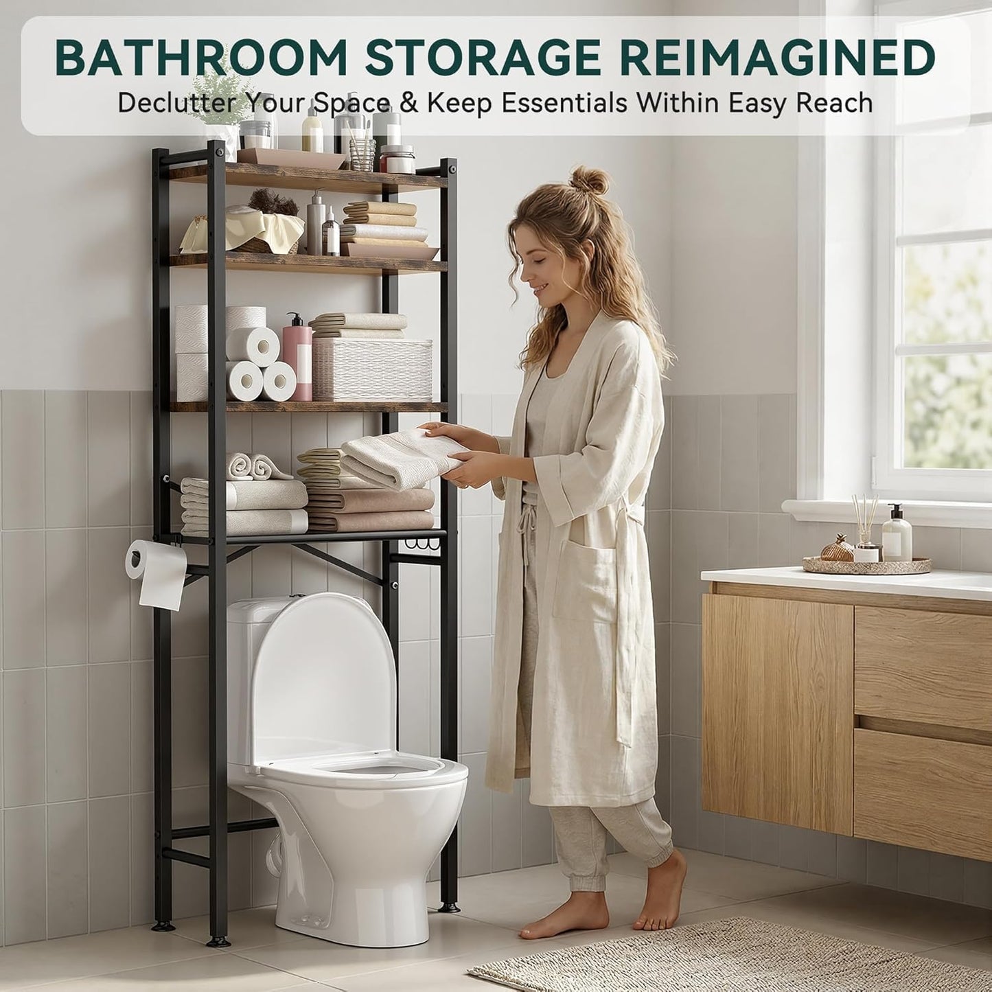 GloTika 3-Tier Over Toilet Storage, Anti-Tilt, 64" H, Black | Anti-Tilt Safety System, 150lb Capacity, Carbon Steel, Freestanding, No Drilling, Anti-Rust Coating, Paper Holder & 4 Hooks