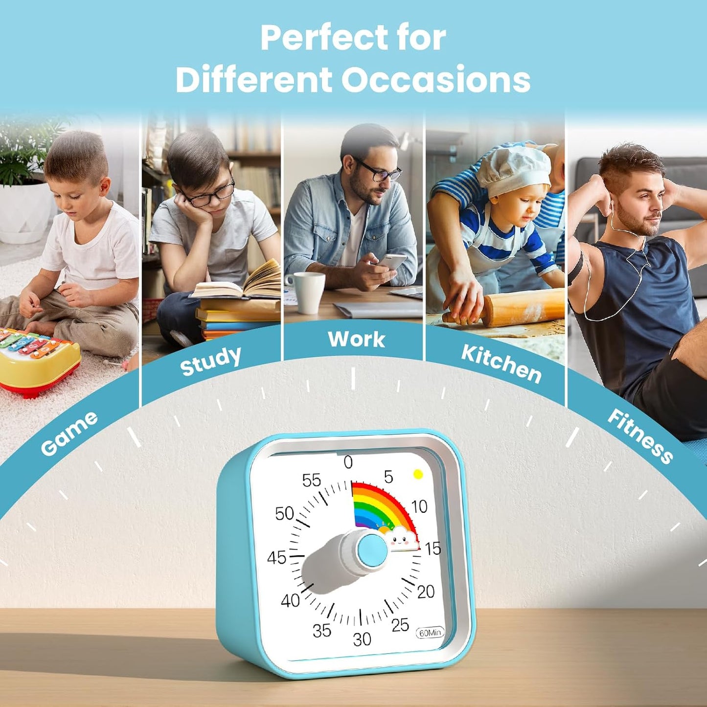 Visual Timer for Kids, Countdown Timer with Pause Function, White | Timer for Kitchen Cooking, Classroom, Study, Toddler, ADHD, Cute Timer Clock, Alarm 3 Volume Levels, Light Indicator
