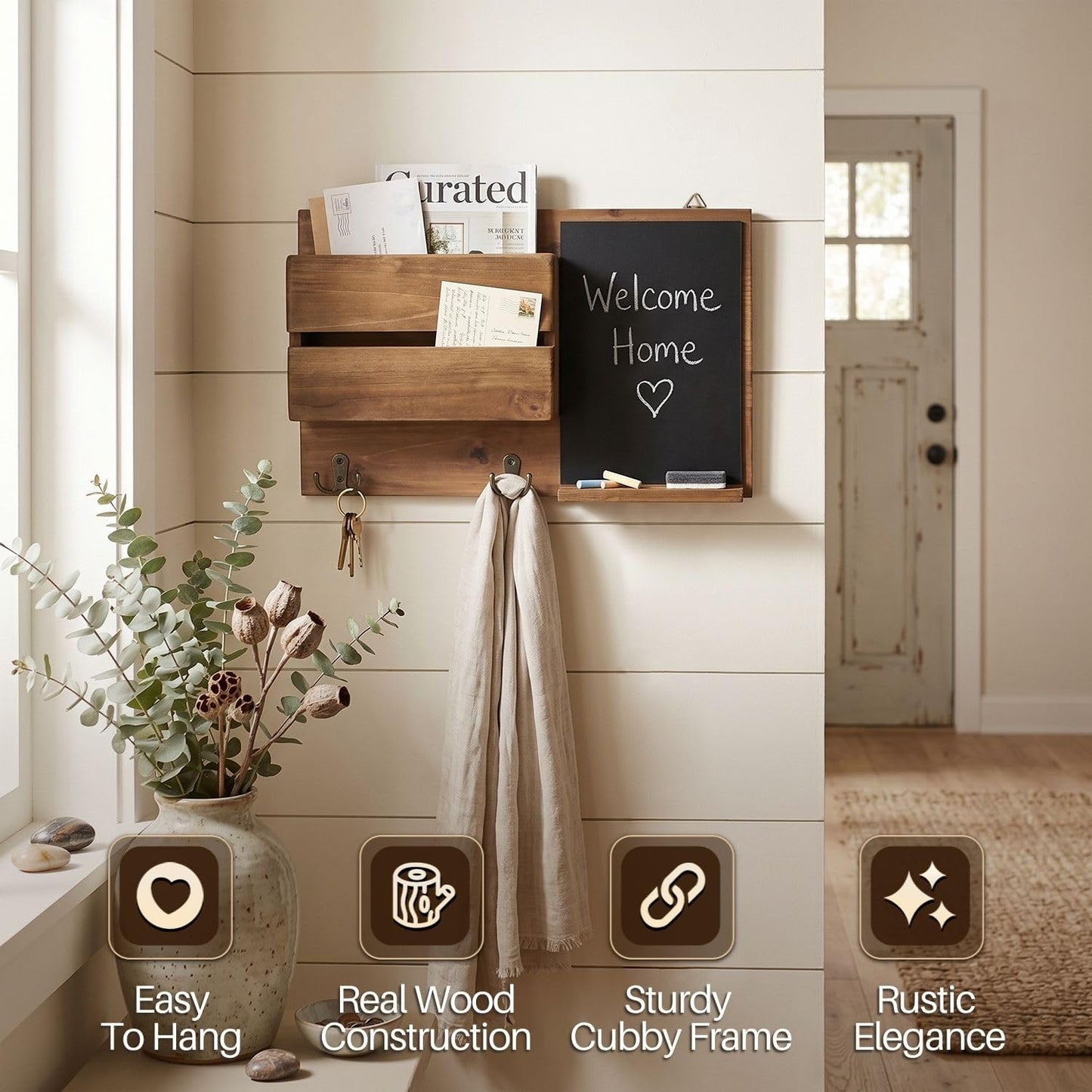 Flexzion Chalkboard Key Holder Wall Mount, Mail Organizer with Wood Shelf | Rustic Wood Entryway Message Center with Double Hooks and Mail Slot for Letters, Notes, Wallets and Daily Essentials