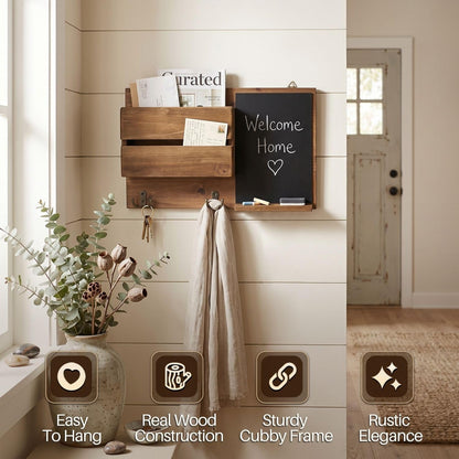 Flexzion Chalkboard Key Holder Wall Mount, Mail Organizer with Wood Shelf | Rustic Wood Entryway Message Center with Double Hooks and Mail Slot for Letters, Notes, Wallets and Daily Essentials