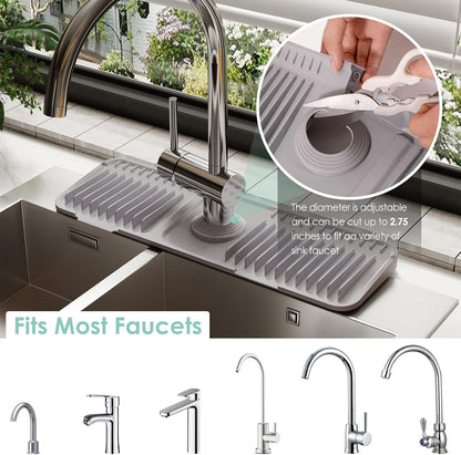 24-Inch Silicone Faucet Mat for Kitchen Sink Splash Guard, 7° Slope | 24"x5.5" water draining mat with fasten button; 1.6-2.75" customizable hole for bathroom, RV & kitchen sink drip catcher.