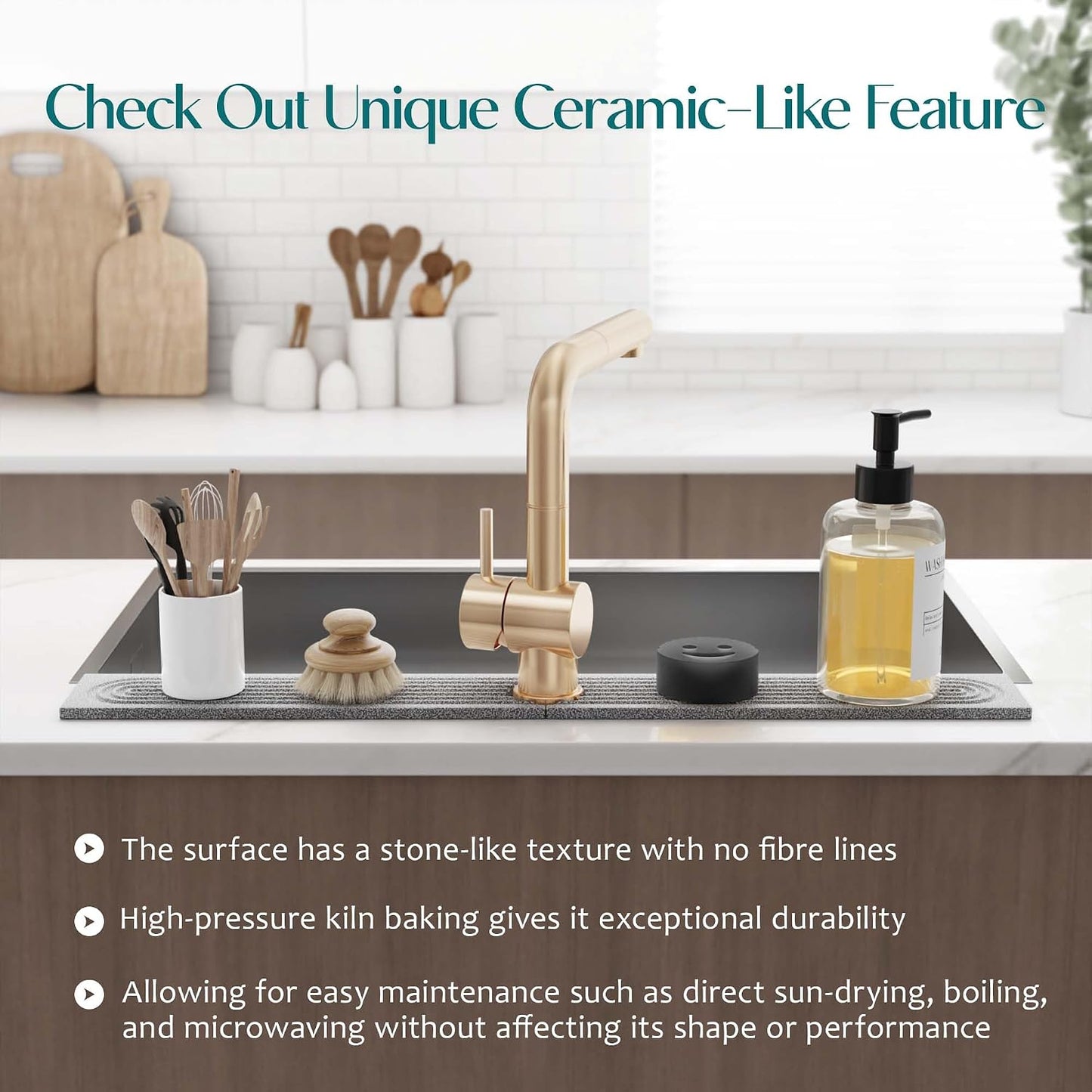 Stone Faucet Mat for Kitchen Sink – Diatomite Drying Stone Mat & Sink Protector, Prevents Moisture – Sink Splash Guard Water-Absorbing Stone Tray for Bathroom Counter (Light Grey, 20" x 3.9")