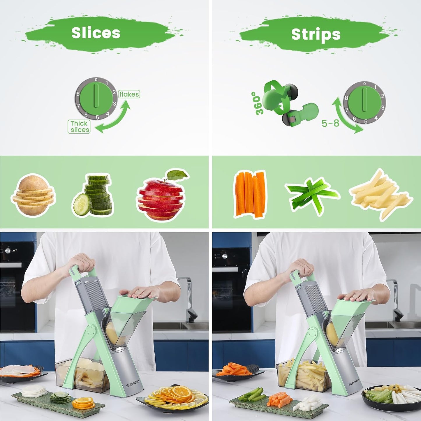 SupMaKin Safe Mandoline Slicer Plus for Kitchen Adjustable Vegetable Slicer | 0.1-8mm, Cut Resistant Stainless Steel Blades,Potato Fry Cutter, Onion Chopper, Detachable,Foldable Dishwasher Safe, Gifts