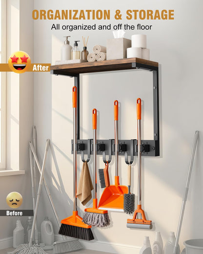 Large Broom Holder Wall Mount with Shelf, Vacuum Organizer, 5 Slots 5 Hooks | Black, 3-In-1 Wall Mount Stores Brooms/Mops/Vacuum, Cleaning Supplies With 5 Grippers/5 Hooks And A Sturdy Wooden Top Shelf