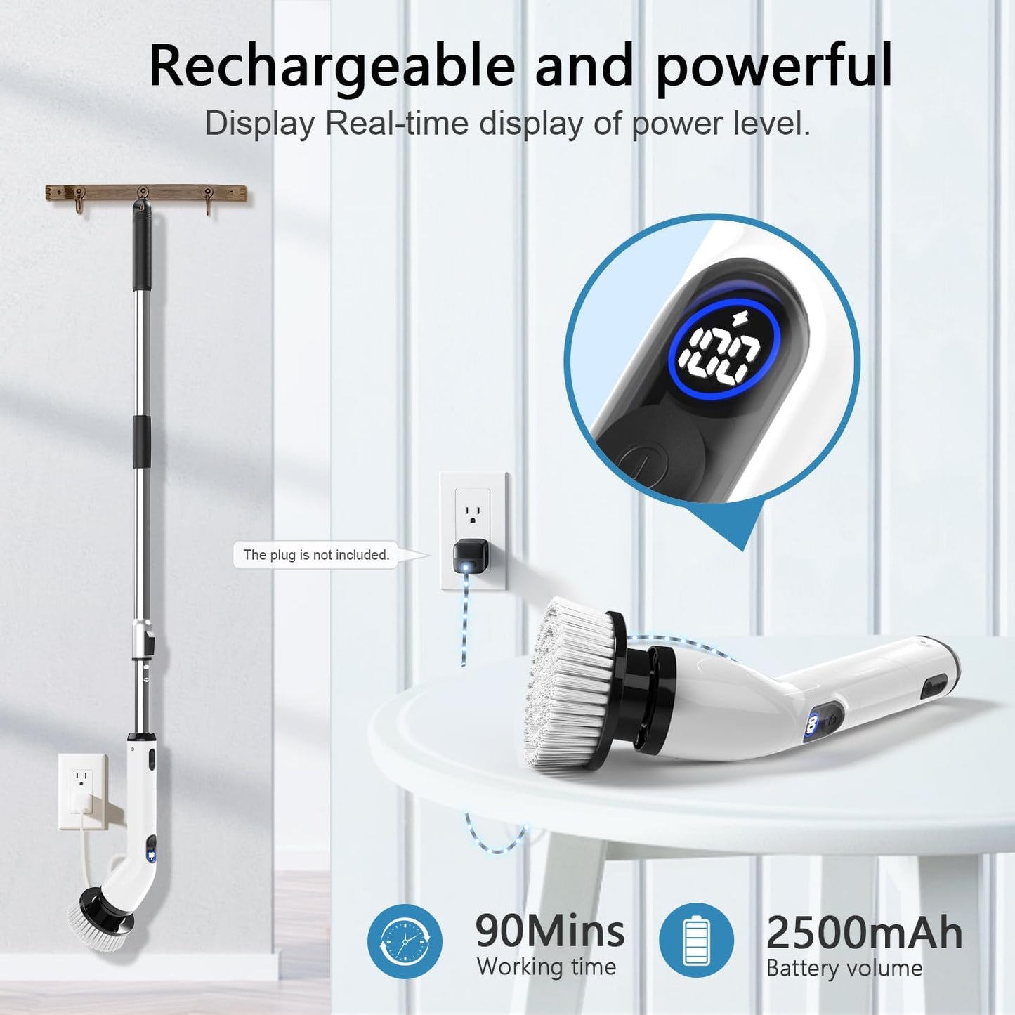 Electric Spin Scrubber,8 Replaceable Brush Heads for Home | IPX7 waterproof power scrubber with LCD display, multi heads, extendable handle, 90min runtime for bathroom kitchen glass car
