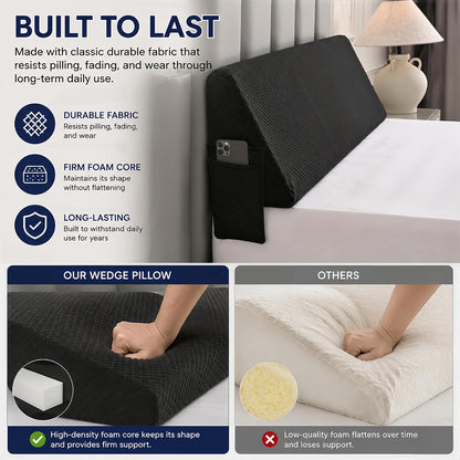 King Size Bed Wedge Pillow for Headboard/Gap Filler Prevent Things Drop | Long Triangle Edge Corner Pillow for Bed Gap Filler King Couch Apartment Home Essentials, Dense Foam, Pockets,10x6x76in Black