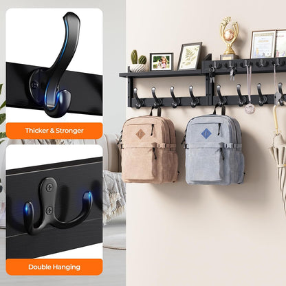 Evermagin 29" Coat Rack Wall Mount with Shelf & 11 Hooks, Entryway, Black | Wooden Wall Mounted Coat and Key Rack with Hooks, Key Hanger with Mail Holder for Living Room, Mudroom, Bedroom