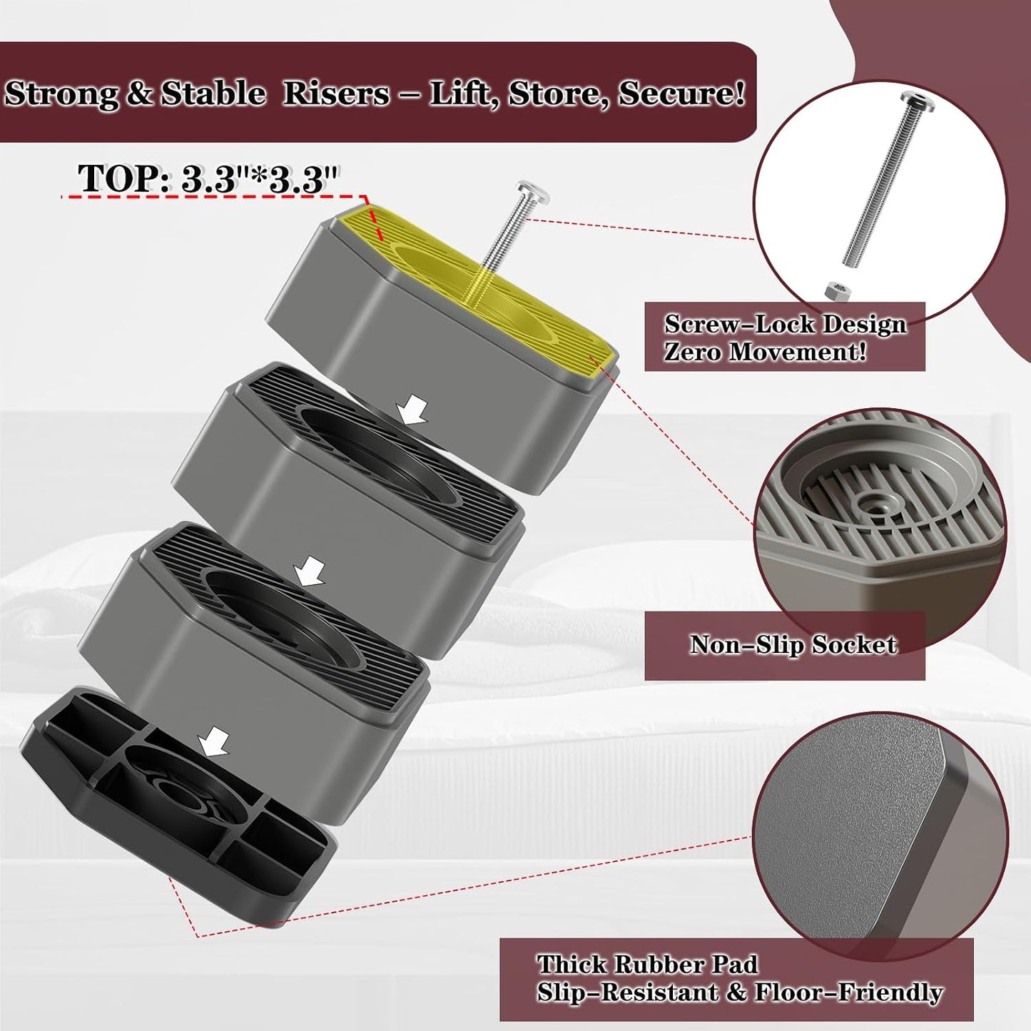 Anti Vibration Pads for Washing Machine, 1.8/3/4 Inch Washer Dryer Height Risers with Non-Slip Rubber Feet, Heavy Duty Anti Vibration Pads for Laundry Appliances(Grey 4 Pack, 3 inch)