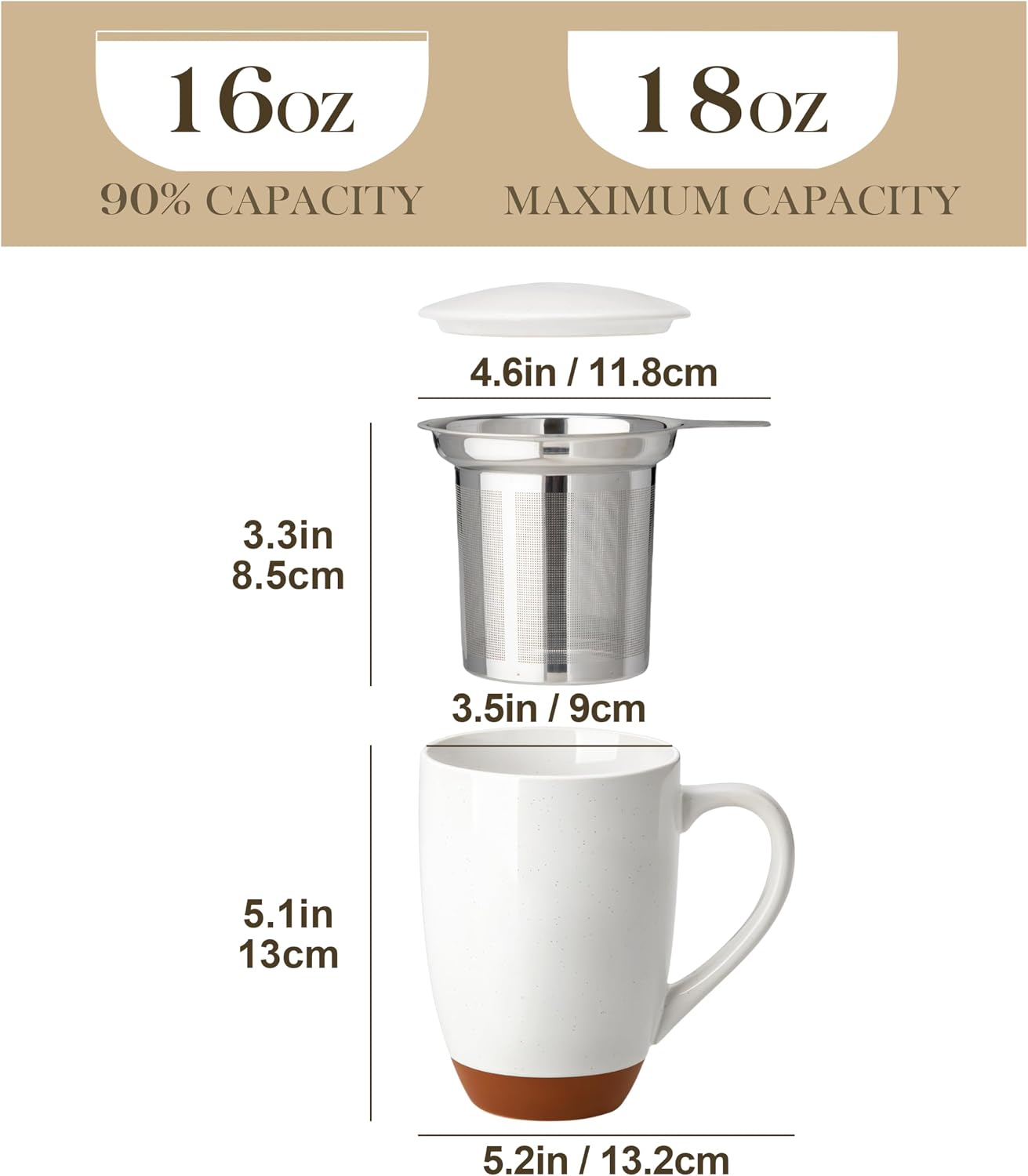 MALACASA Ceramic Tea Mug with Lid and Stainless Steel Infuser, 18 oz Large Tea Cup for Loose Leaf Tea, Heat-Resistant, Microwave & Dishwasher Safe, Speckled Glaze Coffee & Tea Brewer Mug, Khaki Brown