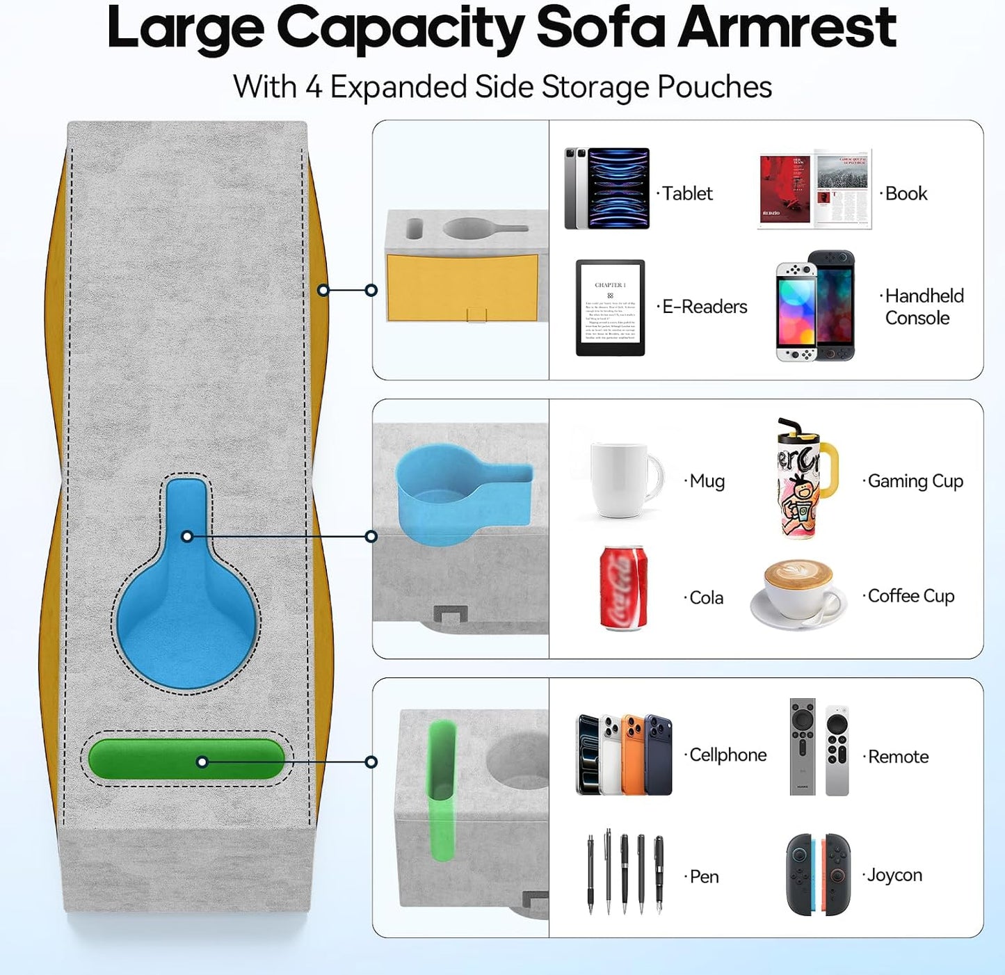 Removable Sofa Armrest Couch Caddy with Cup Holder Insert Between Cushions | Sofa Accessories Storage, Couch Armrest Pillow Table with Drink Holder