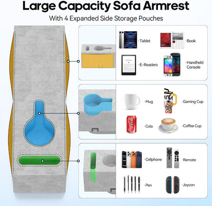 Removable Sofa Armrest Couch Caddy with Cup Holder Insert Between Cushions | Sofa Accessories Storage, Couch Armrest Pillow Table with Drink Holder
