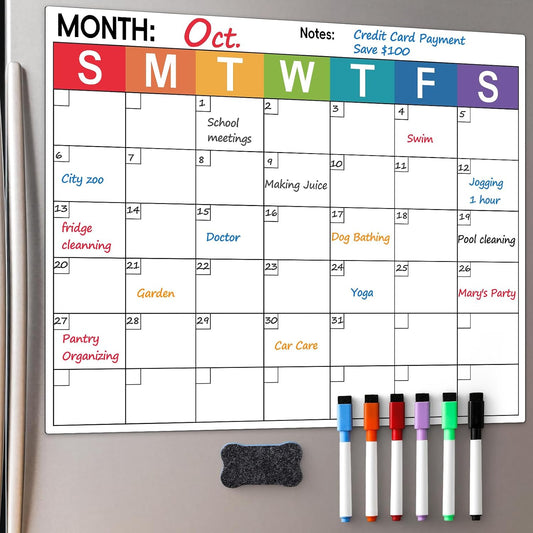 Dry Erase Magnetic Calendar for Refrigerator - Monthly Planner Magnet Whiteboard for Fridge Wall Door - Shopping, Meal/Menu, to Do List, Family Schedule Planning Board with 6 Markers - Colorful