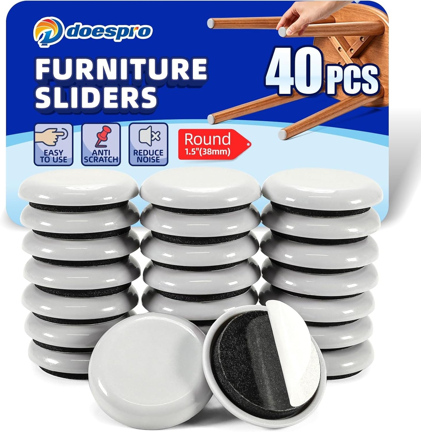 40PCS 1.4" Furniture Sliders for Hardwood Floors & Carpet, Self-Stick | PE Round Furniture Pads & Chair Glides for Hardwood Floors, Floor Protectors for Moving Furniture & Kitchen Appliances Easily