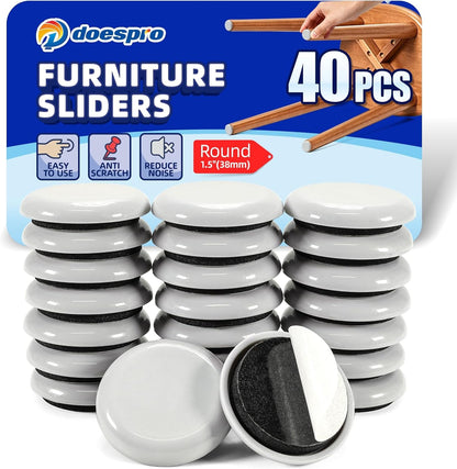 40PCS 1.4" Furniture Sliders for Hardwood Floors & Carpet, Self-Stick | PE Round Furniture Pads & Chair Glides for Hardwood Floors, Floor Protectors for Moving Furniture & Kitchen Appliances Easily