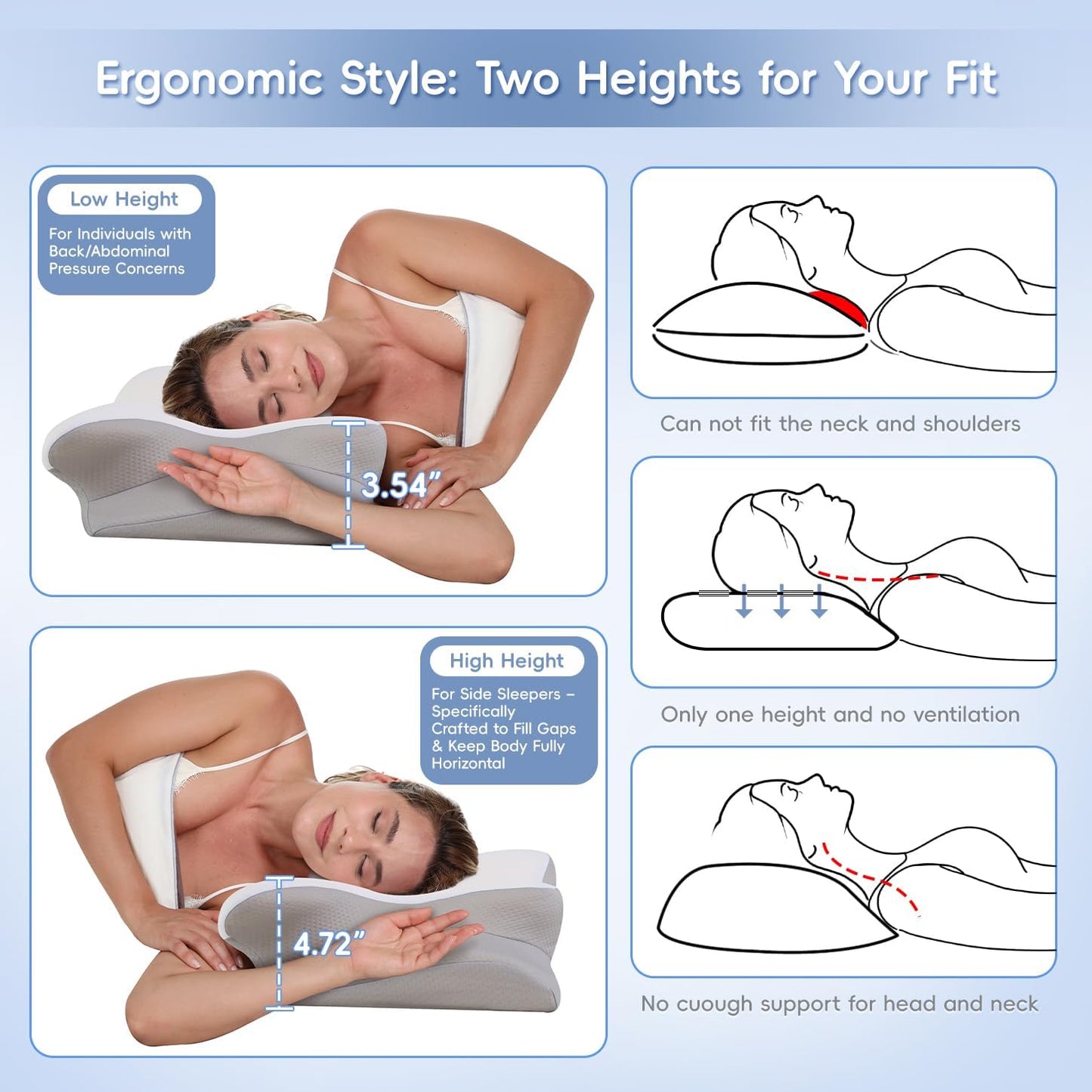 Cervical Neck Pillow, Memory Foam Pillows for Neck and Shoulder Pain Relief, 2 Heights Ergonomic Pillow with Breathable Ice Silk Cover, Neck Support Pillow for Side Sleepers White