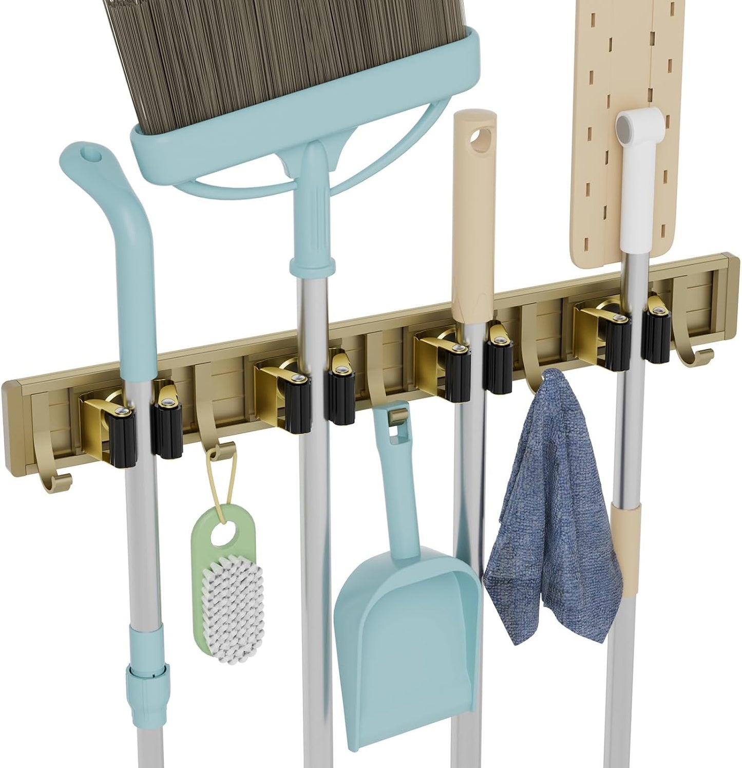 reliahom Broom Holder Wall Mount Mop Hanger Tools organizer 5Racks 4Hooks | Adjustable Mop Broom Wall Hanging Heavy duty Tools Storage Rack Space-saving for Garage,Kitchen,Laundry Room,Garden, Silver
