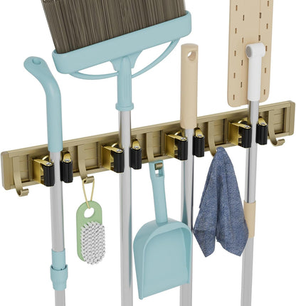 reliahom Broom Holder Wall Mount Mop Hanger Tools organizer 5Racks 4Hooks | Adjustable Mop Broom Wall Hanging Heavy duty Tools Storage Rack Space-saving for Garage,Kitchen,Laundry Room,Garden, Silver