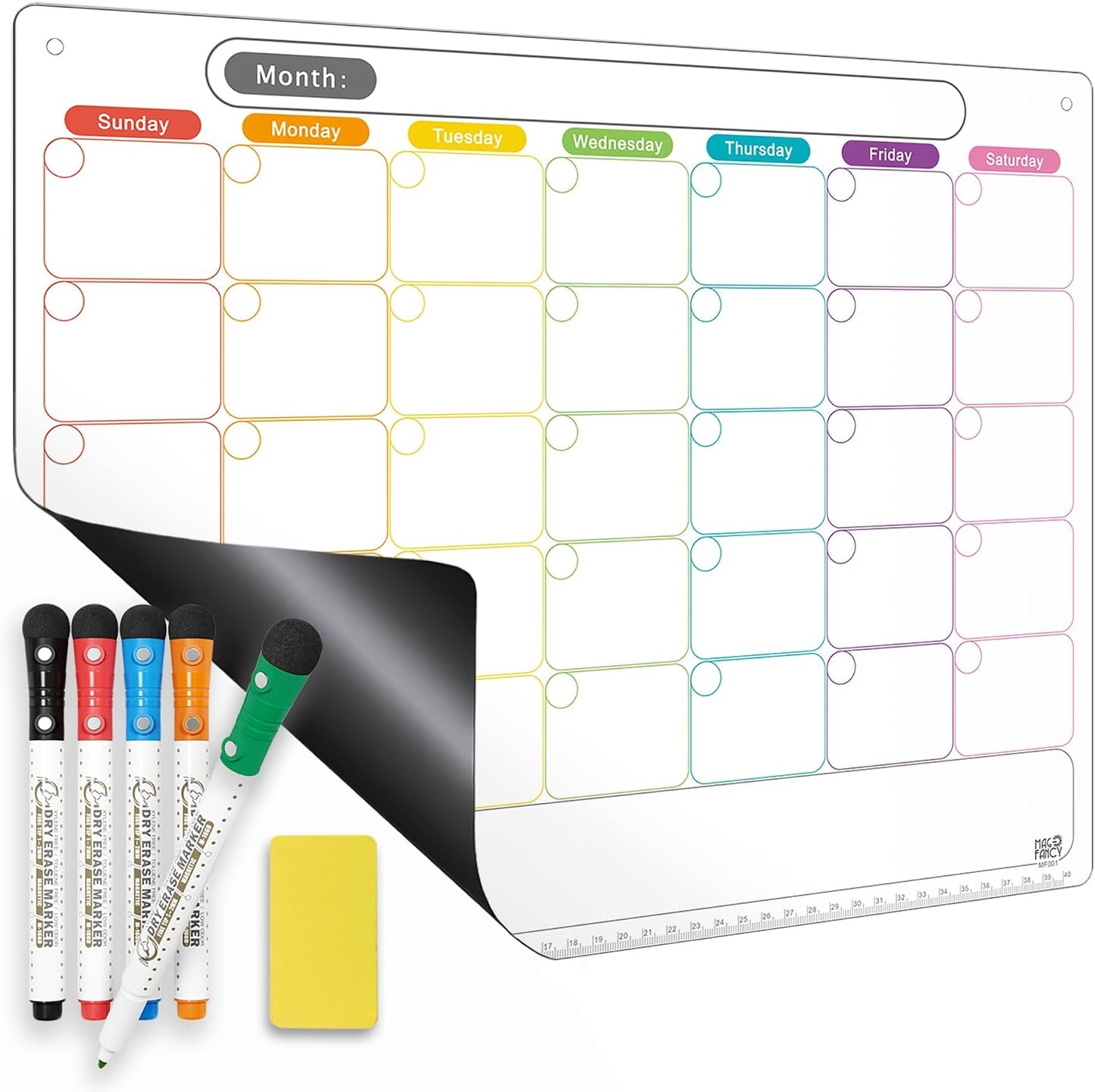 Magnetic Calendar for Fridge, Dry Erase Weekly Planner, 13" x 16.9" | Strong Magnetic Hold, Vertical Weekly Layout, Large Daily Spaces, Easy to Clean, Color-Coded, Dual-Magnet Markers & Eraser
