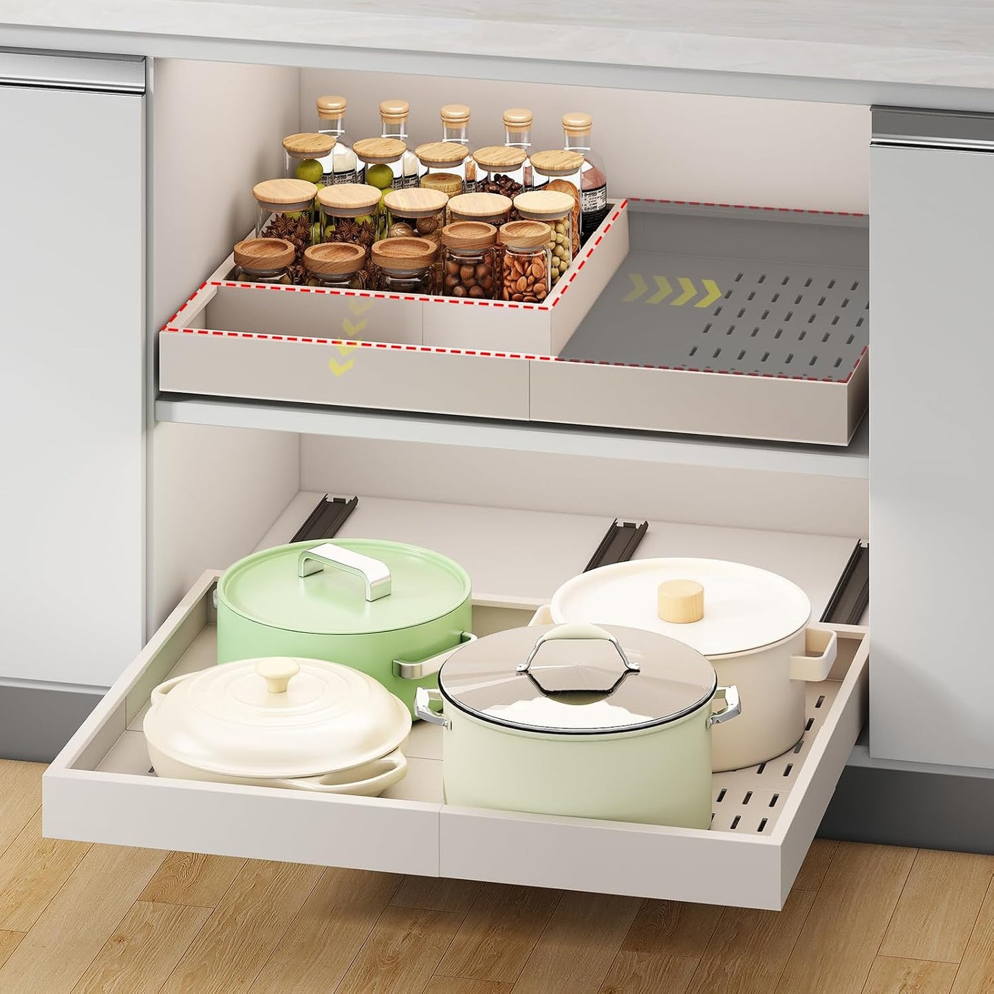 Fokyfok Pull Out Cabinet Organizer,23"-31"W,17"-24"D,Expandable,Adhesive | No Drill,5 Rails,Adjustable Slide out Drawers for Kitchen,Pantry,Roll out Shelves,Cabinets Without Lip,Framless,White,1PC
