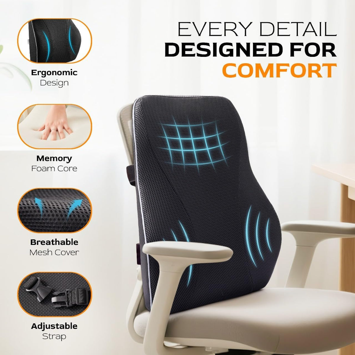TULARIS Extra Dense Lumbar Pillow with Double Adjustable Straps - Ergonomic Lumbar Support Pillow for Office Chair, Car, Couch Firm Back Support for Lower Back & Spine Pain Relief Memory Foam Cushion