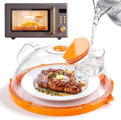 Microwave Splatter Cover for Food with Water Steamer 12inch, Food-Grade | Microwave Splatter Guard, BPA-Free, Microwave-Safe, Rotating Vent, Anti-Scald Handle, with Silicone Trivet and Gap Brush