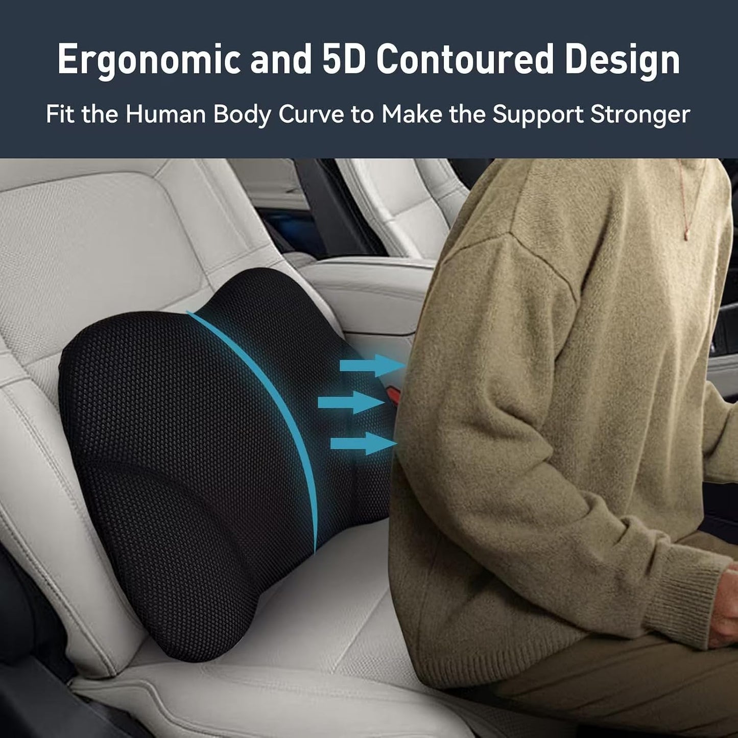 Super Cozy Lumbar Support Pillow for Car/Office Chair, 100% Memory Foam | Lumbar Pillow with Breathable Removable Cover, Ergonomic Design - Back Support for Back Pain Relief(Adjustable Strap, Black)