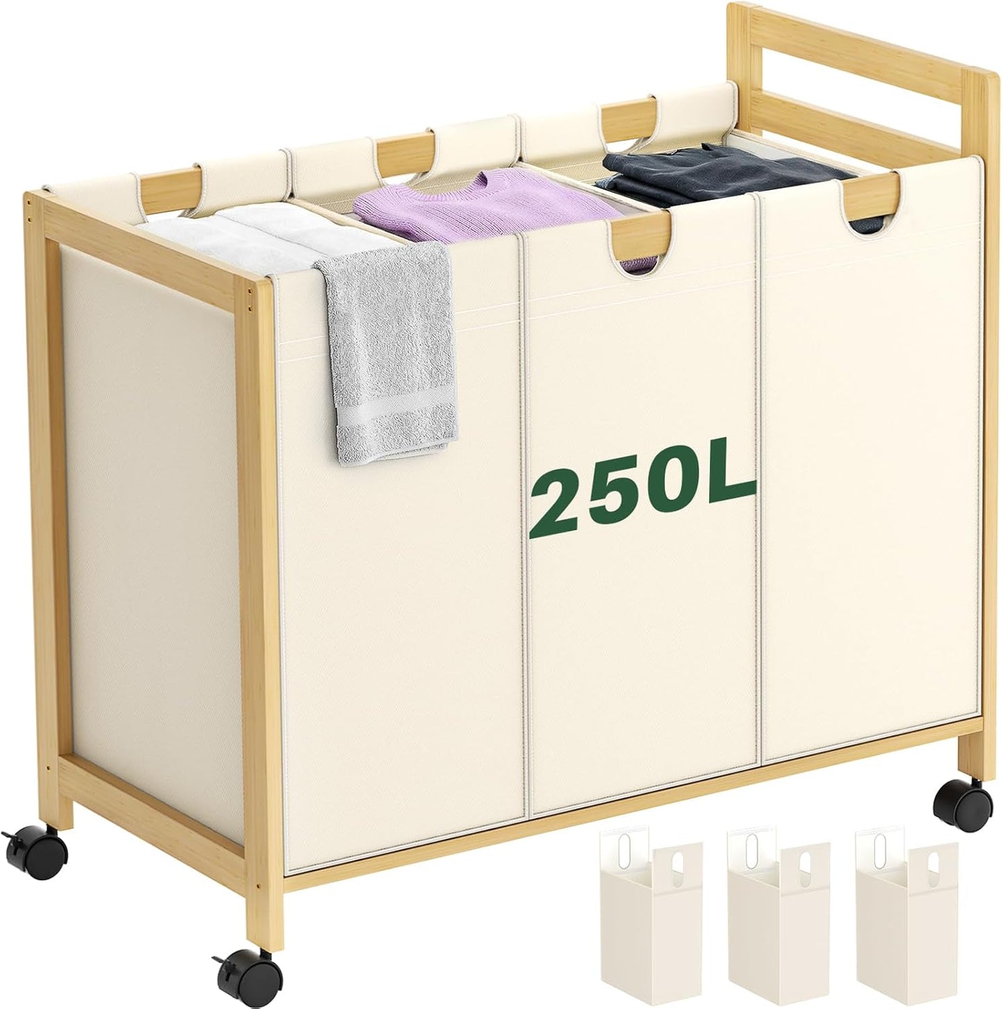 250L Laundry Sorter with Wheels, 3-Section Laundry Hamper, Black | 66 Gal Large Laundry Cart with Removable Bags, Rolling Laundry Basket, Water-Resistant, Bamboo Frame, Laundry Room Organizer
