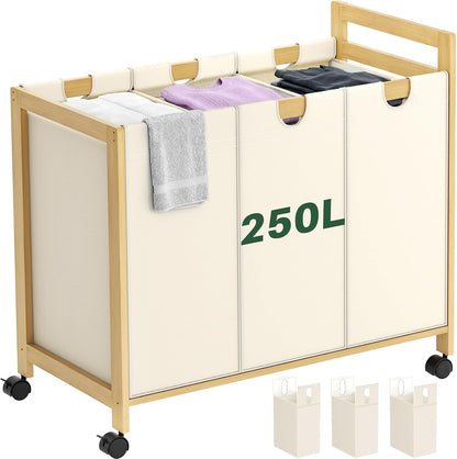 250L Laundry Sorter with Wheels, 3-Section Laundry Hamper, Black | 66 Gal Large Laundry Cart with Removable Bags, Rolling Laundry Basket, Water-Resistant, Bamboo Frame, Laundry Room Organizer