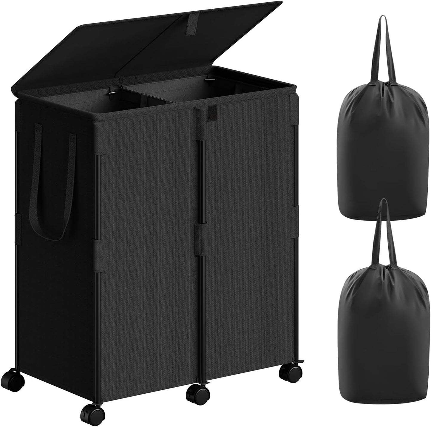 140L Double Laundry Hamper with Lid and 6 Wheels, Rolling Laundry Basket | Gasvadivum Metal Frame Laundry Sorter 2 Section with 2 Removable Bags, Large Clothes Cart for Bedroom, Bathroom, Black