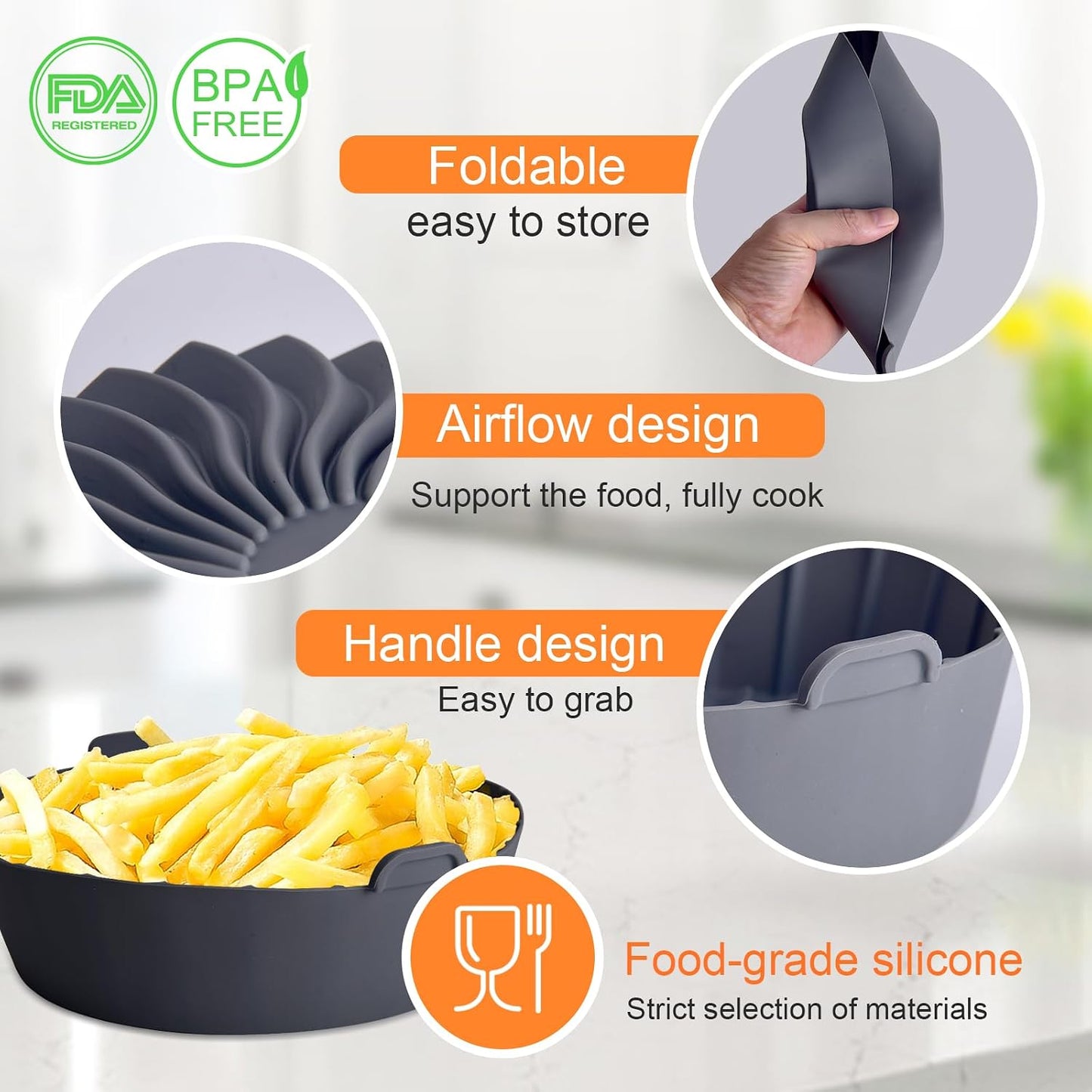 3Pcs Round Silicone Air Fryer Liners Reusable for 1-2qt Air Fryers | Food-grade Silicone, Fit for Small Air Fryers, Cost-Effective, Non-Stick Air Fryer, Convenient Side Handles for 2qt Air Frye