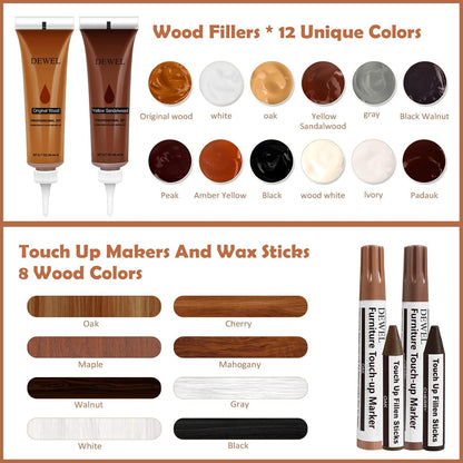 DEWEL Wood Furniture Repair Kit, Upgrade Wood Filler, Furniture Touch Up Markers with Wax Sticks, 42 Pcs Floor Touch Up kit for Scratches, Cracks, Hole, Laminate, Table, Bedposts