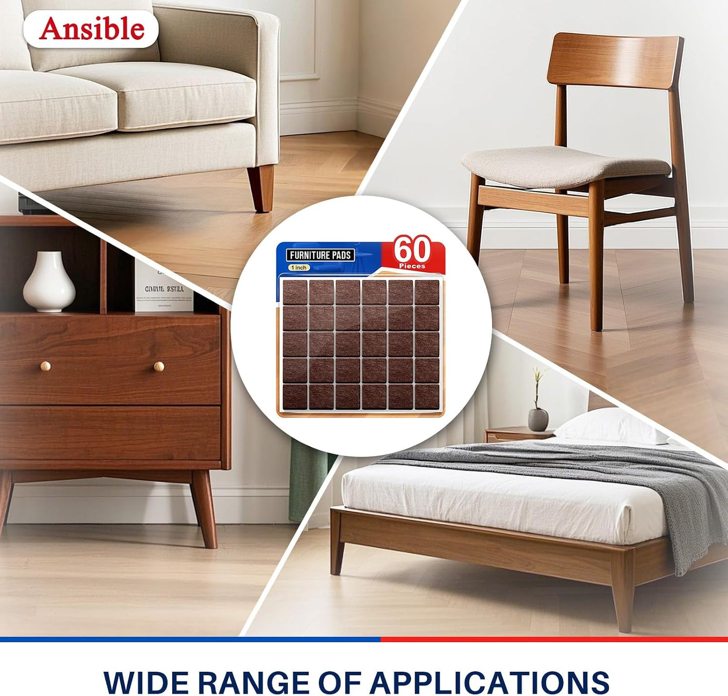 Ansible Felt Furniture Pads Chair Leg Floor Protectors 1" 60PCS | Felt Pads for Hardwood Floors,Self-Adhesive, Reduce Noise and Anti-Scratches,Easy to Install,Beige,Round