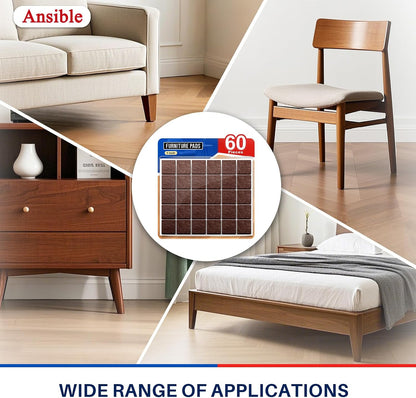 Ansible Felt Furniture Pads Chair Leg Floor Protectors 1" 60PCS | Felt Pads for Hardwood Floors,Self-Adhesive, Reduce Noise and Anti-Scratches,Easy to Install,Beige,Round