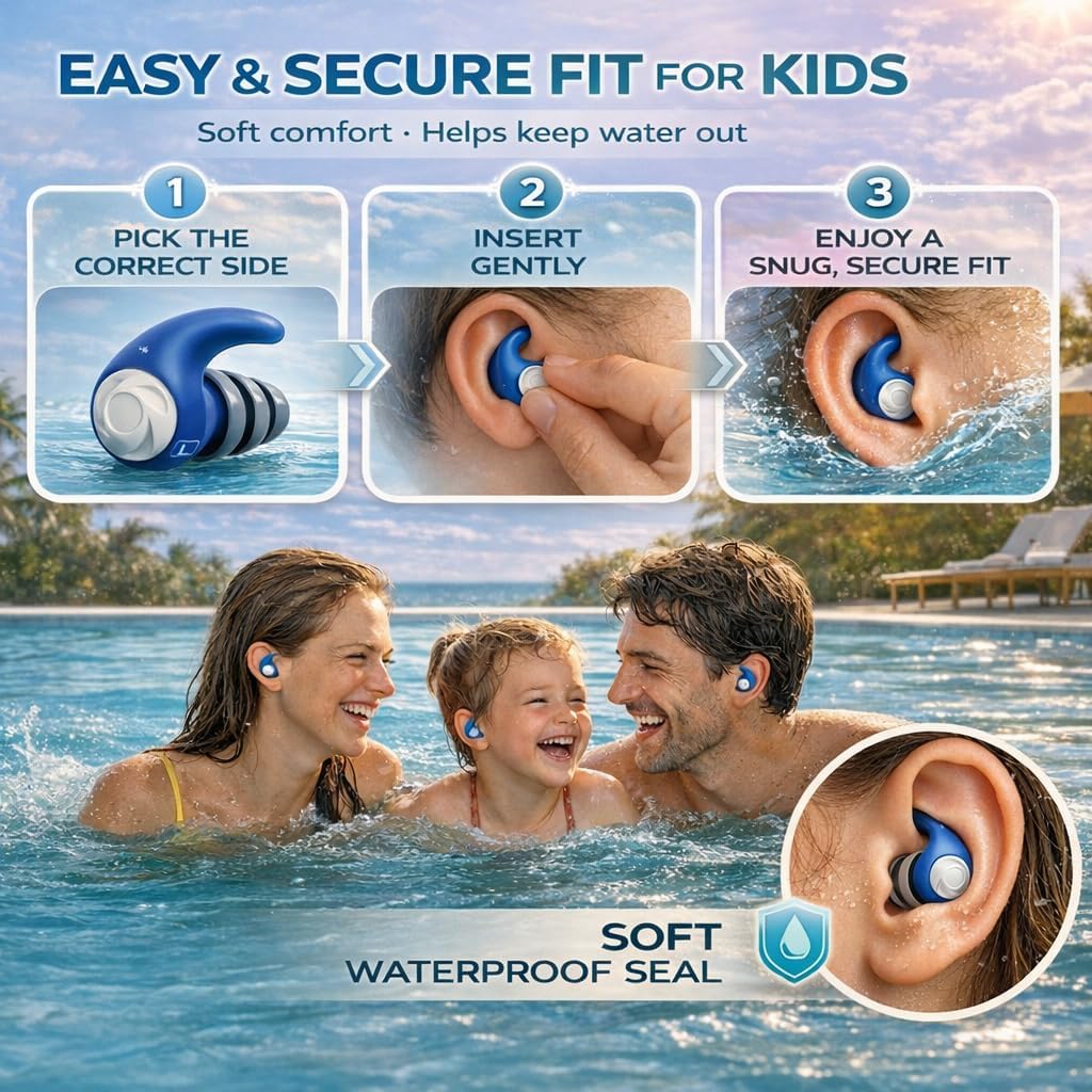 Waterproof Swimming Ear Plugs for Adults Kids, 3 Pairs Soft Silicone